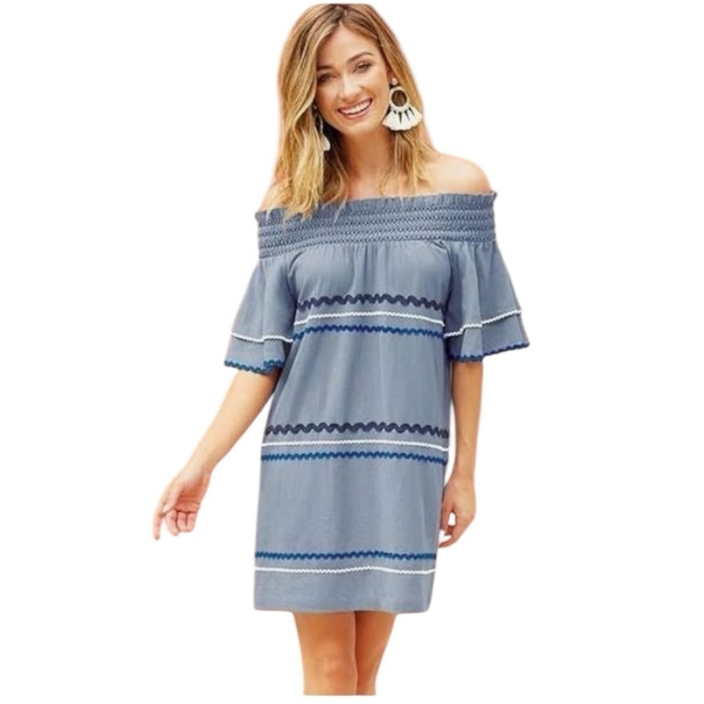 NWT! Mud Pie 100% Cotton Finnigan Off Shoulder Dress in Stonewash. Size Medium.